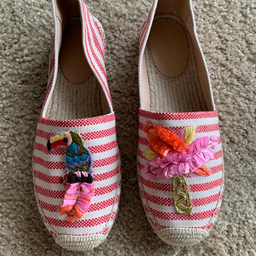 JCREW Red Stripe Espadrilles Raffia Parrot Palm Tree Flats